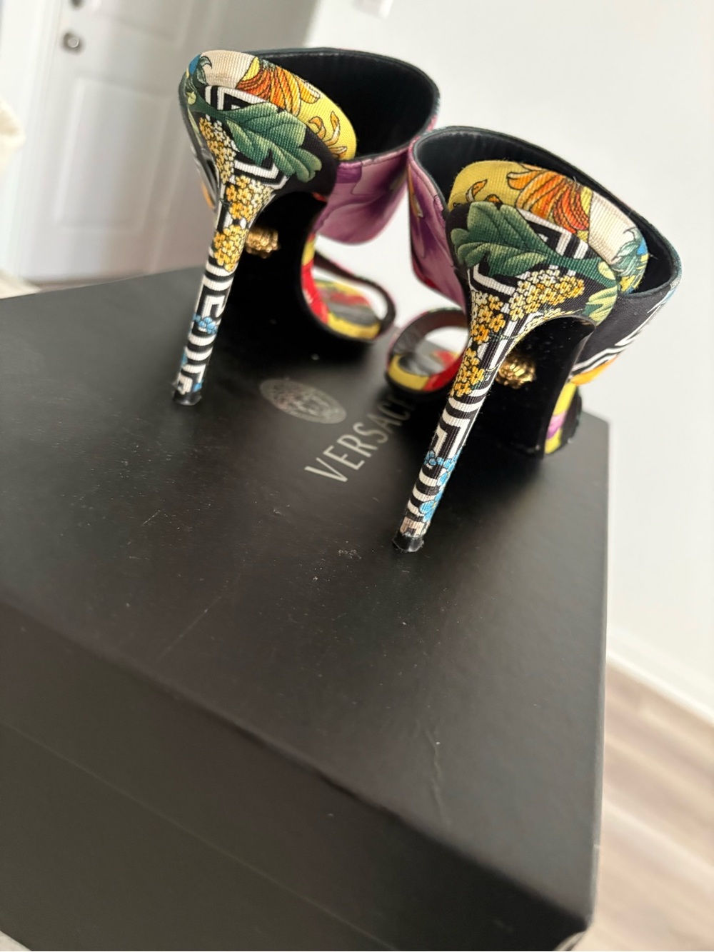Versace Yellow Green Purple Floral Stiletto Heels